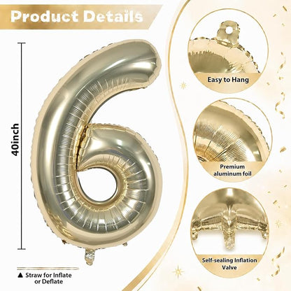 Champagne Gold Number Balloons 6, 40inch Large Light Gold Digital 6 Foil Helium - Image 2