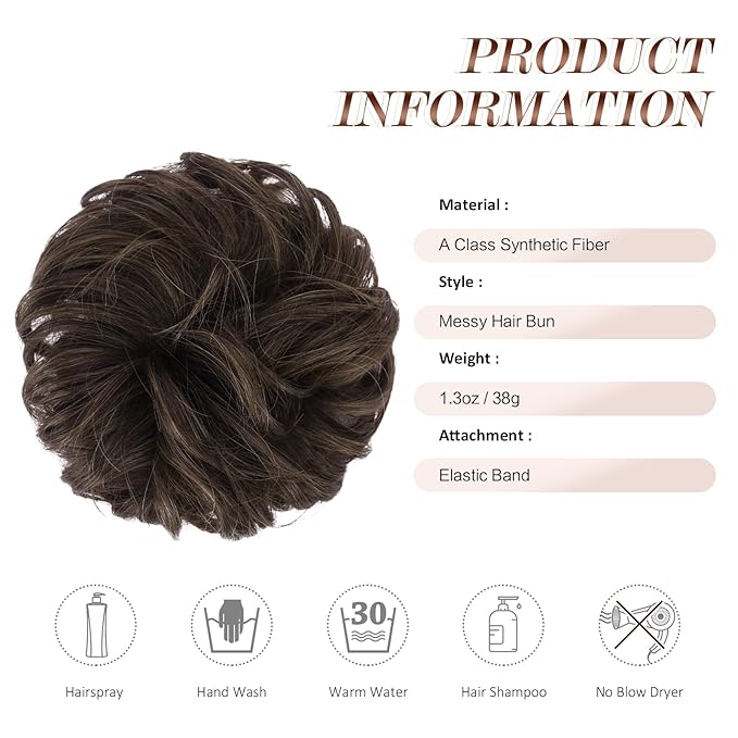 FESHFEN Messy Bun Hair Piece - Elastic Wavy Curly Hair Bun Scrunchies Extensions Synthetic Chignon Hairpieces for Women Girls, Mixed Chocolate Brown 1.5 oz