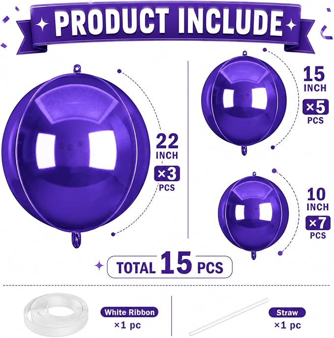 15 Pcs Dark Purple Round Foil Balloons, 22/15/10 Inch 4D Ball Balloons Dark - Image 2