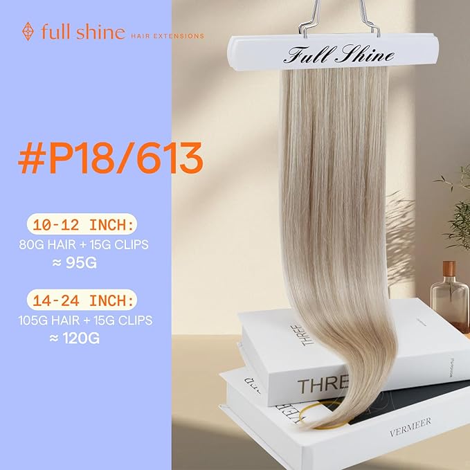 Full Shine Real Human Hair Extensions Clip ins Ash Blonde Highlighted 20 Inch Clip in Hair Extensions Real Human Hair Blonde 7 Pcs 120 G