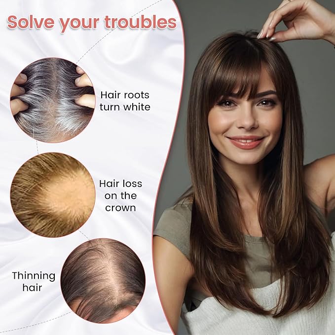 YAMI Hair Toppers for Women Real Human Hair Toppers for Women with Thinning Hair Topper with Bangs and All Hand-woven Swiss Base (Dark Ashy Brown)