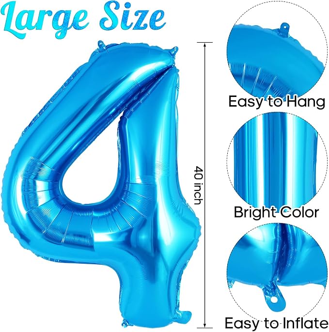 Blue Number 4 Balloon 40 Inch, Big Large Foil Helium Number Balloons, Jumbo - Image 3
