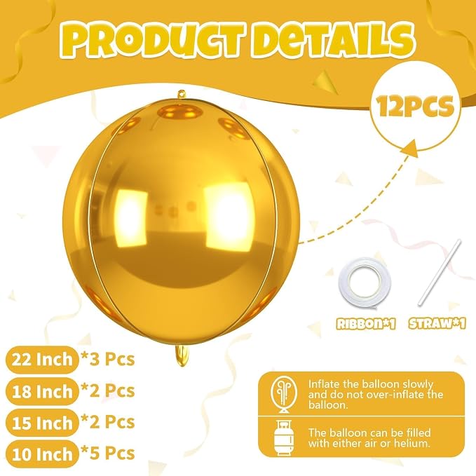 12Pcs Gold Round Balloons Foil, Giant Metallic Gold Foil Balloons - Image 2
