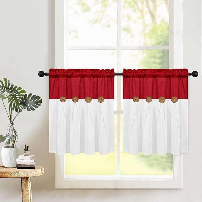 Farmhouse Kitchen Curtains 24 Inch Length, Rustic Cotton Linen Tier Curtain by FRAMICS