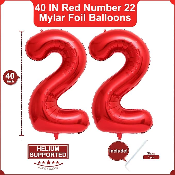 40 Inch Red 22 Balloons Giant Number 22 Balloons Red 22 Birthday Balloons 22th - Image 2