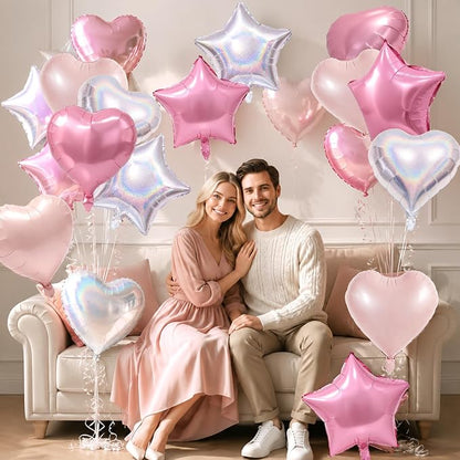 TONIFUL 18 Inch Pink Silver Star and Heart Foil Balloons - Image 3