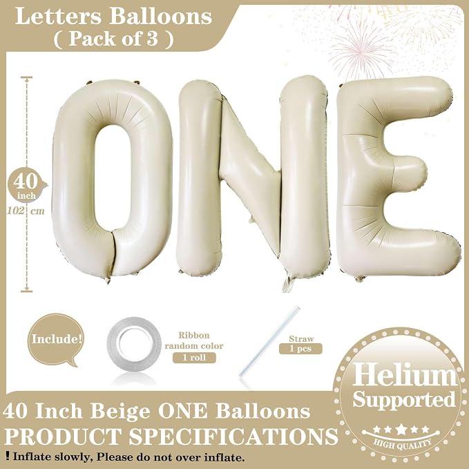 40 Inch Beige One Balloons, Giant Cream White Letters One Balloons Foil Mylar - Image 2