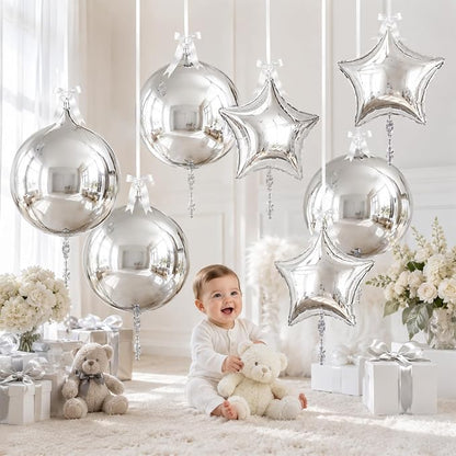 9 Pcs Silver Round Foil Balloons and Star Balloons 22/18 4D Ball Balloon - Image 6