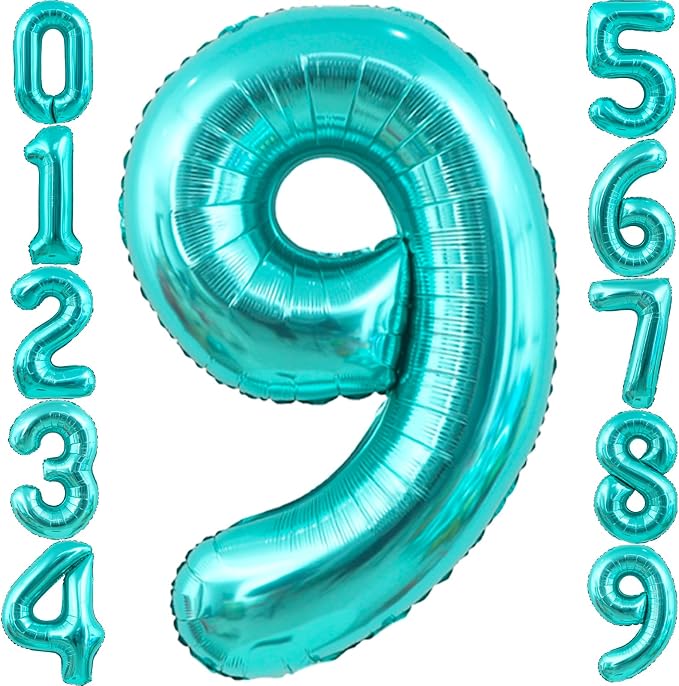 40 Inch Big Teal Blue Number 9 Foil 0-9 Mylar Helium Balloons | Large Digital by SULALABOO