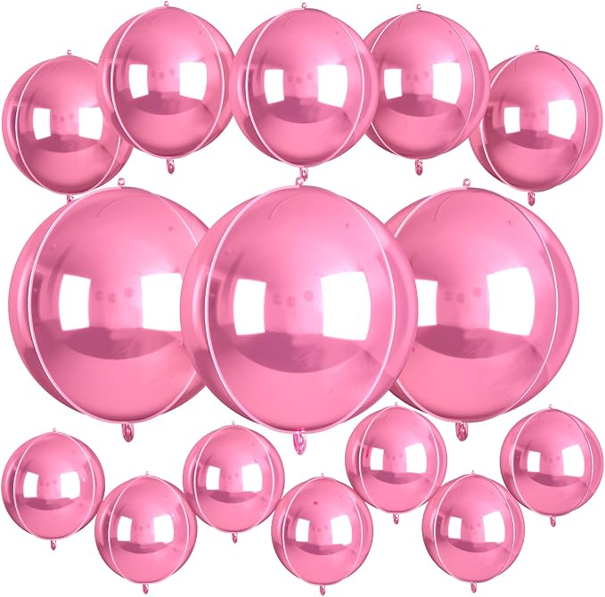 15 Pcs Pink Round Foil Balloons, 22/15/10 Inch 4D Ball Balloons Pink Ball by Sowide