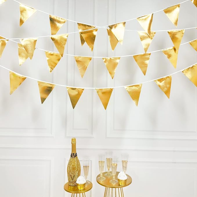 Gold Party Decorations Metallic Fabric Triangle Pennant Banner Gold Flag - Image 3