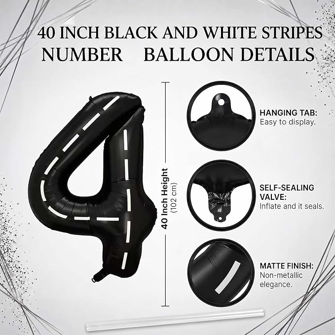 Black and White Stripes Number 4 Balloon 40 Inch, Foil road sign Numeral | - Image 4
