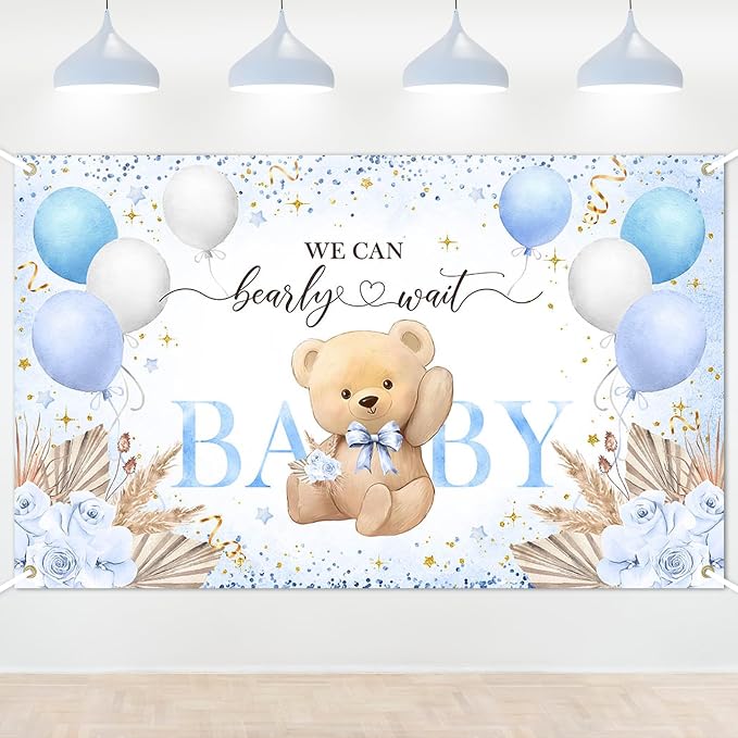 Blue Bear Baby Shower Backdrop 6x3.6 ft We Can Bearly Wait Banner by Lecheme