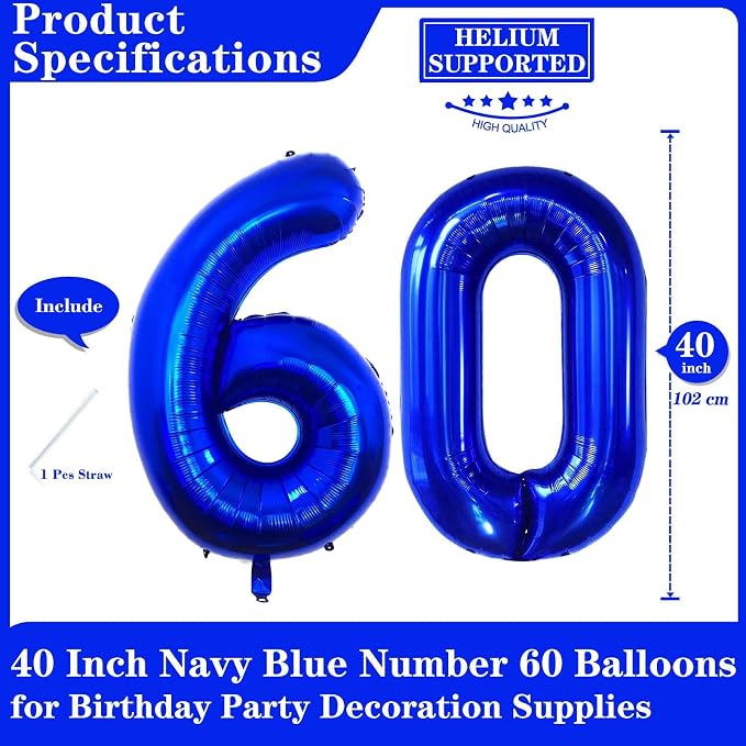 Navy Blue 60 Number Balloons, 40 Inch Giant Number 60 Balloons Foil Mylar - Image 2