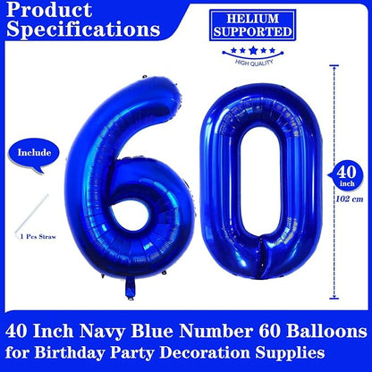 Navy Blue 60 Number Balloons, 40 Inch Giant Number 60 Balloons Foil Mylar - Image 2