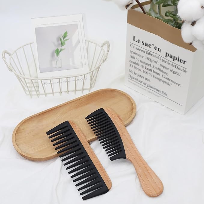 2 Pcs Bamboo Wide Tooth Comb Set - Wooden Wide Tooth Comb for Women, Anti-Static Detangling Hair Comb for Curly/Wet/Thick Hair with Bakelite Teeth