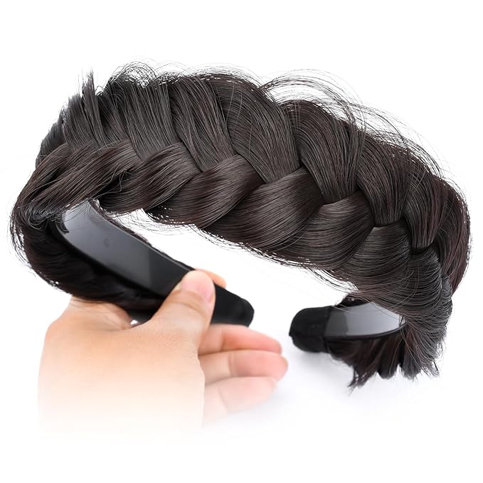 DIGUAN Wide Messy Braided Headband With Teeth Synthetic Hair Plaited Headband High Elasticity Braids Chunky Fishtail Braided Hair Band Hairpiece for Girls Women (Brunette Brown)