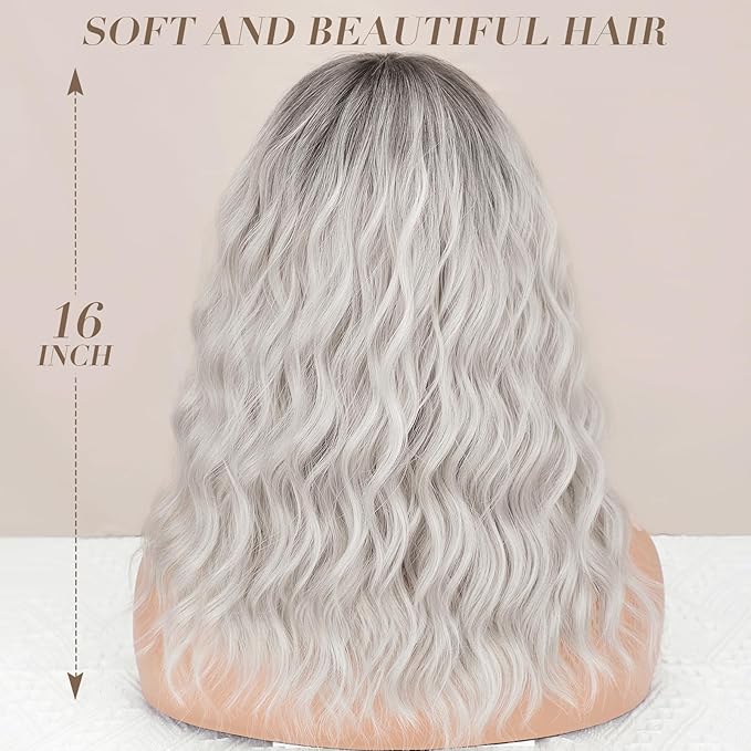 Nnzes Ombre Silver Wig with Bangs for Women White Bob Wavy Charming Synthetic Wigs with Natural Shoulder Length Curly Heat Resistant Hair for Daily Party Use