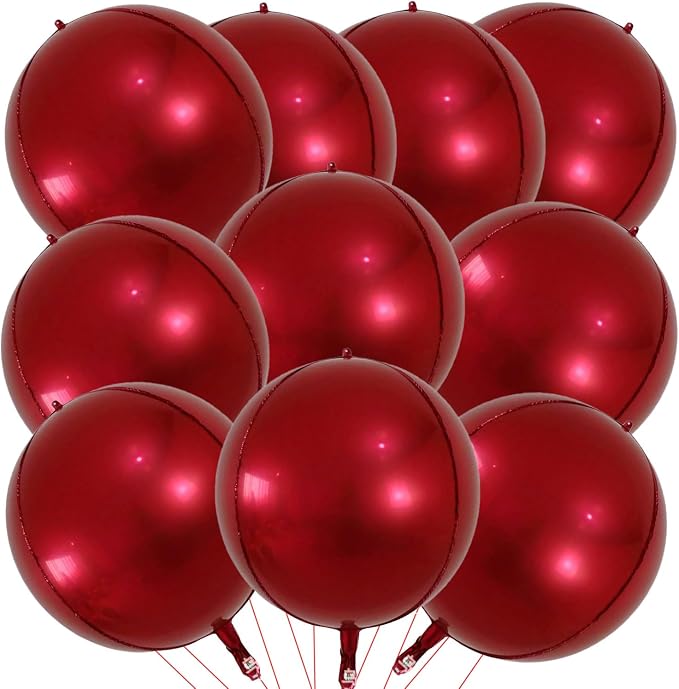 10 Pcs 22 Inch Burgundy Red Mylar Balloons, Large 4D Giant Round Foil Balloon by KALOR