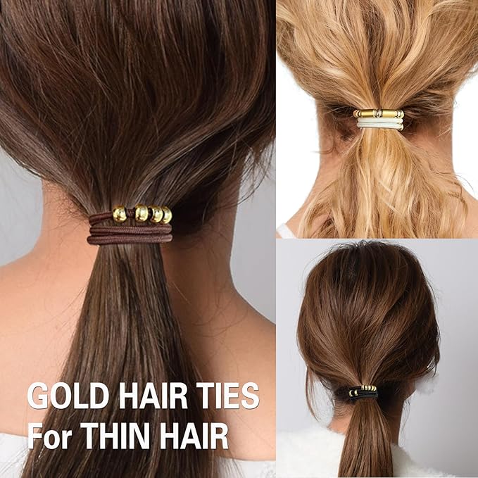Black Bracelet Hair Ties for Women,5 Pack Cute 3mm Thick Elastic Ponytail Holders Accessories No Damage Stretchy Beaded Pony Tails Hair Tie with Gold Metal Charms Beads