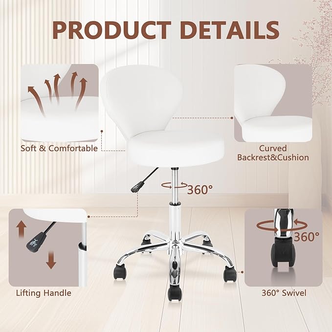 Rolling Swivel Salon Stool Chair with Back Support Adjustable Hydraulic for Office Massage Facial Spa Medical Drafting Tattoo Beauty Barber White