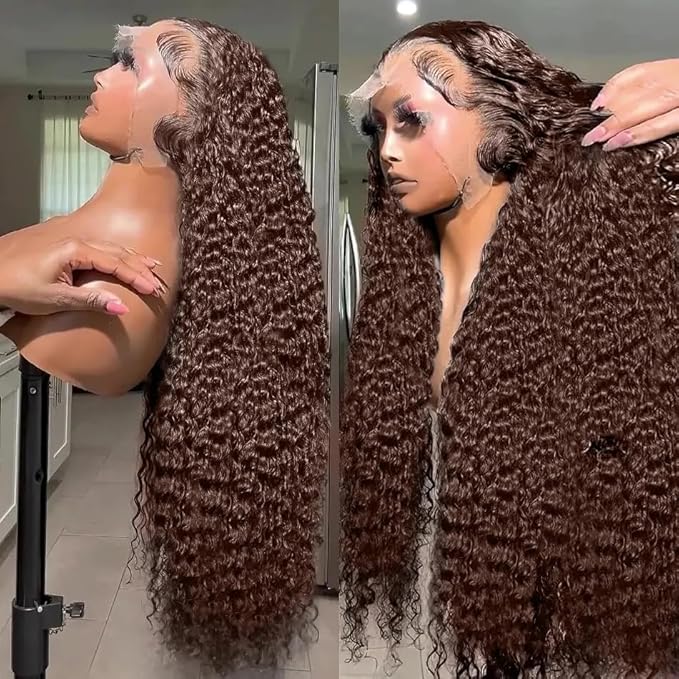 250 Density 32 Inch Deep Wave 360 Lace Front Wigs Human Hair Full Chocolate Brown Lace Front Wig Pre Plucked with Bady Hair Curly Wig 360 Glueless Lace Frontal Wigs for Women