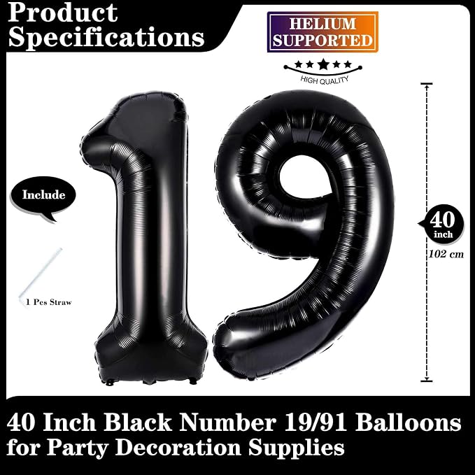 Black 19 Number Balloons, 40 Inch Giant Number 19 Balloons Foil Mylar Helium - Image 2