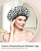 mikimini Large Shower Cap for Women Long Hair, 2 Pack,Elegant Chessboard Design,Double-layer Waterproof, Reusable, Washable, No Odor, X-Large
