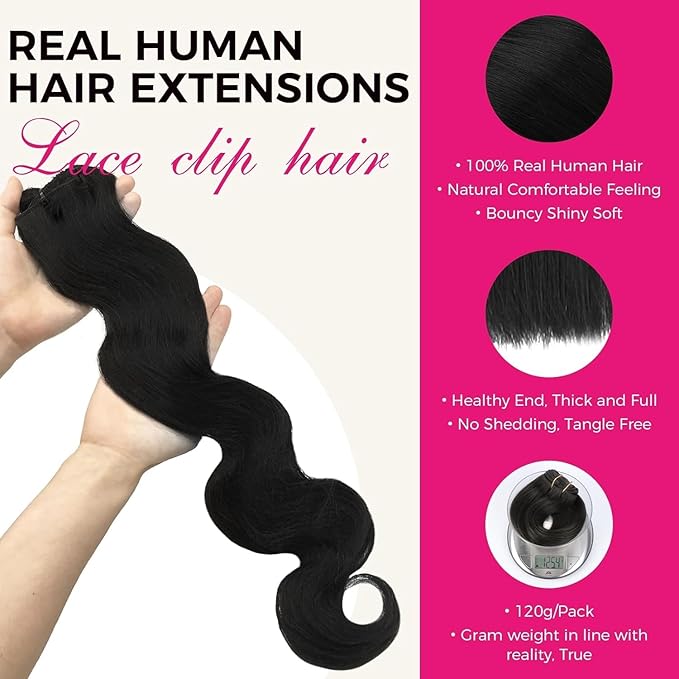 Lashey Clip in Hair Extensions 7pcs 120g Body Wave Remy Human Hair Extensions for Women 16 Inch Natural Black Hair Extensions with Lace Weft