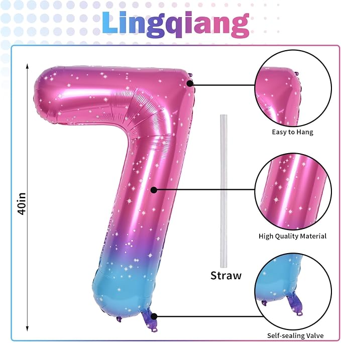 40'' Rainbow Number 7 Balloons, Giant Self Inflating Gradient Blue Pink Foil - Image 2