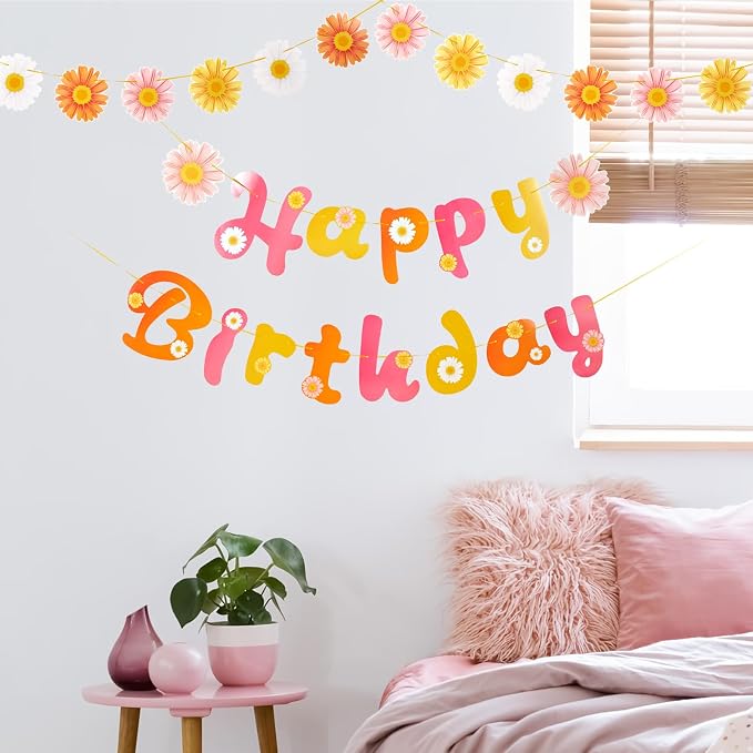 SUNBEAUTY Flower Daisy Happy Birthday Banner Groovy Party Banners Groovy Party - Image 7