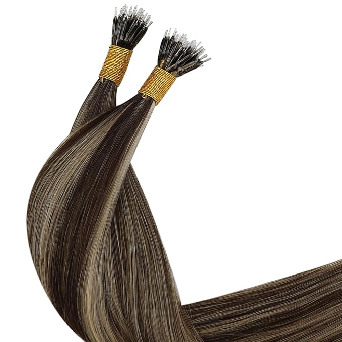 YoungSee Nano Ring Hair Extensions Brown Highlight Nano Beads Hair Extensions Real Human Hair Dark Brown Highlights Caramel Blonde for Daily Wear Nano-Link Remy Hair Extension 14 inch 50s 50g
