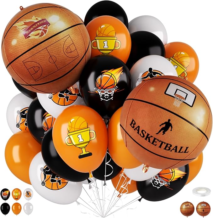 Basketball Balloons, 12 Inch Black Orange White Party Balloons by FEYG