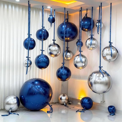 9 Pcs Blue Silver Round Foil Balloons Dark Navy Blue Metallic Silver Chrome 4D - Image 7