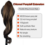 Chicmoi Brown Ponytail Extainson 32 Inch Flexible Wrap Around Ponytail Hair Extension Long Wavy Pony Tails hair Extension Synthetic Hairpieces For Women and Girls