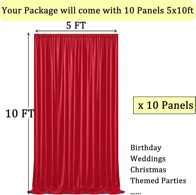 50ft x 10ft Wrinkle Free Red Backdrop Curtains - Image 3