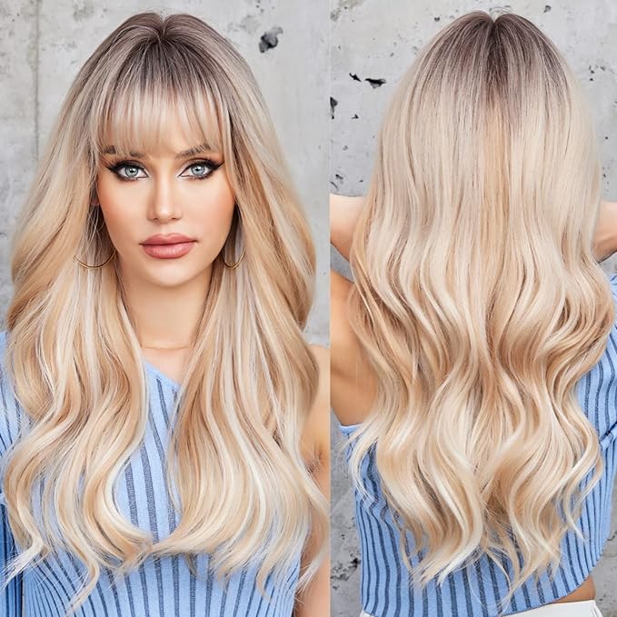 EMMOR Long Blonde Mixed White Wave Wig with Bangs Dark Roots Curly Wig for Women Synthetic Wig Natural Looking Heat Resistant Fiber Wigs