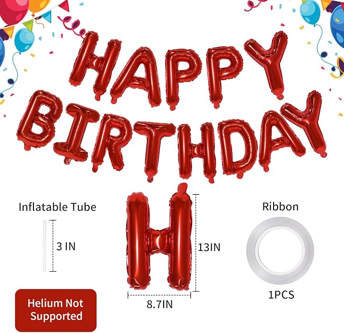 Red Happy Birthday Balloon Banner, 16 Inch Foil Mylar Happy Birthday Balloons - Image 2