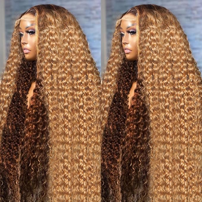 AMIRTY Ombre Lace Front Wigs Human Hair Pre Plucked Honey Blonde 4/27 Highlight Deep Wave 13x6 Lace Front Wig with BabyHair Drawstring Wig Human Hair Lace Frontal Human Hair Wigs for Women