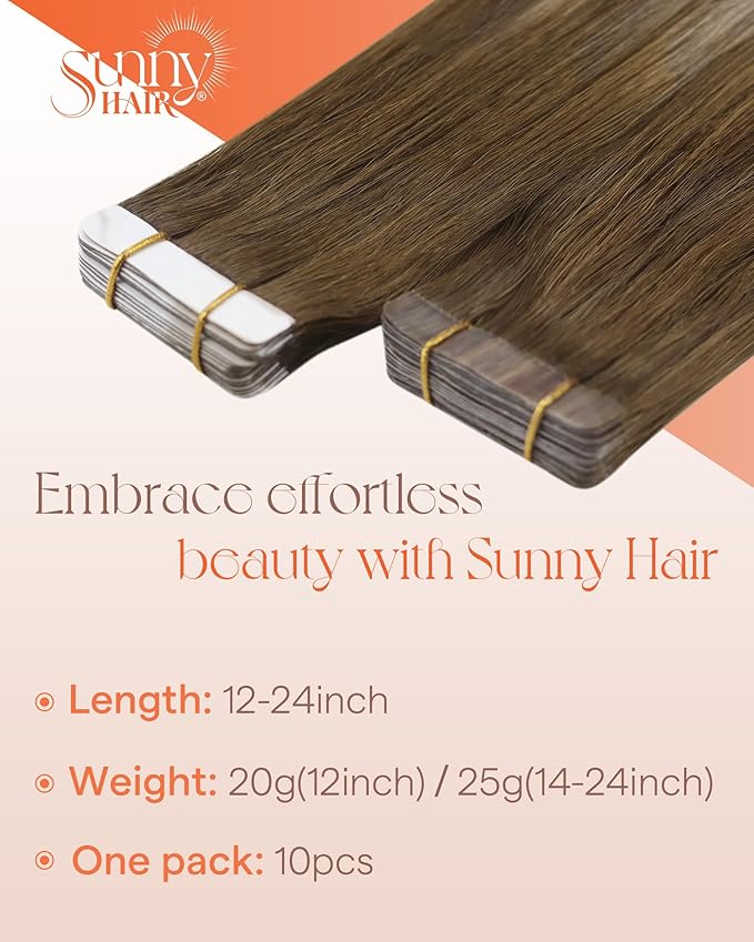 Sunny Hair Tape in Hair Extensions Real Human Hair Invisible Remy Hair Extensions Tape ins for Women Medium Brown Ombre PLatinum Blonde Balayage 20 inch 25G