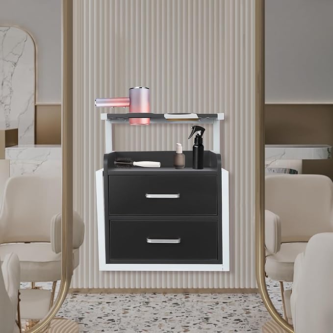 Suspended Salon Station for Hair Stylist, Wall Mounted Styling Salon Station Storage Cabinet w/2*Drawers &Hair Dryer Stand,Floating Nightstand Stylist Storage Cabinet for Home (Black+ Silver)