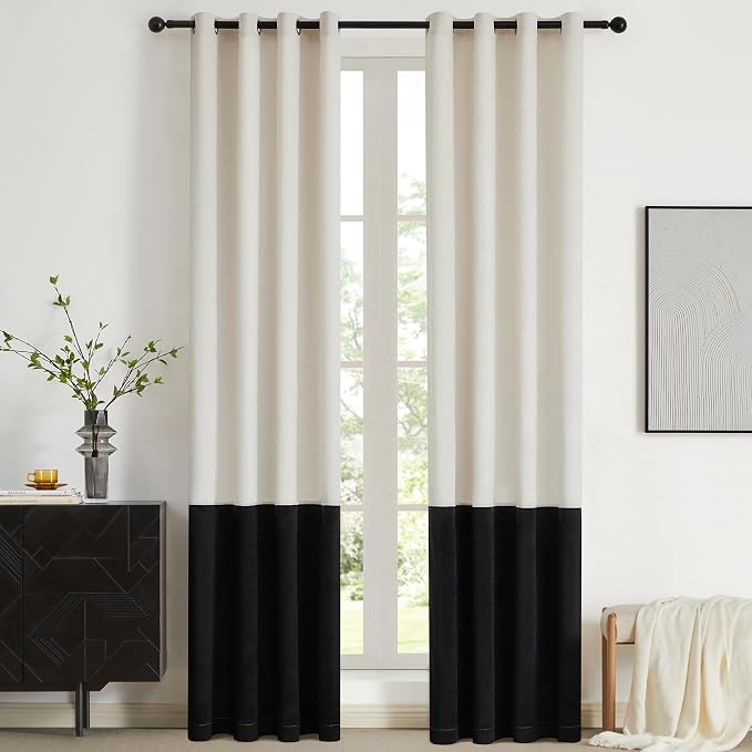 Modern Cream White Black Decorative Velvet Curtains 102 inches 2 Panels | Color by ModernShinyVelvetCurtains