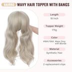 Hairro 18 Inch Long Hair Toppers Wavy with Side Bangs for Women, Clips In Synthetic Hairpieces Capless, for Adding Volume/Birthday/Party/Halloween/Cosplay Dress Up, Grey Mixed Light Blonde