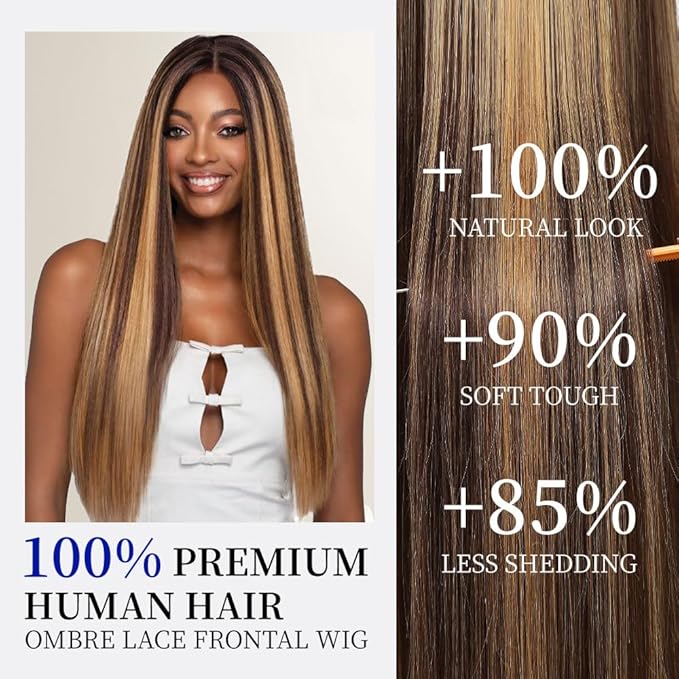 13x6 Lace Front Wigs Human Hair Highlight Ombre HD Lace Frontal Wig Pre Plucked Tangle-Free 200 Density Brown 4/27 Colored Real Virgin Human hair Wig Can Last 6-9 Months 28 Inch