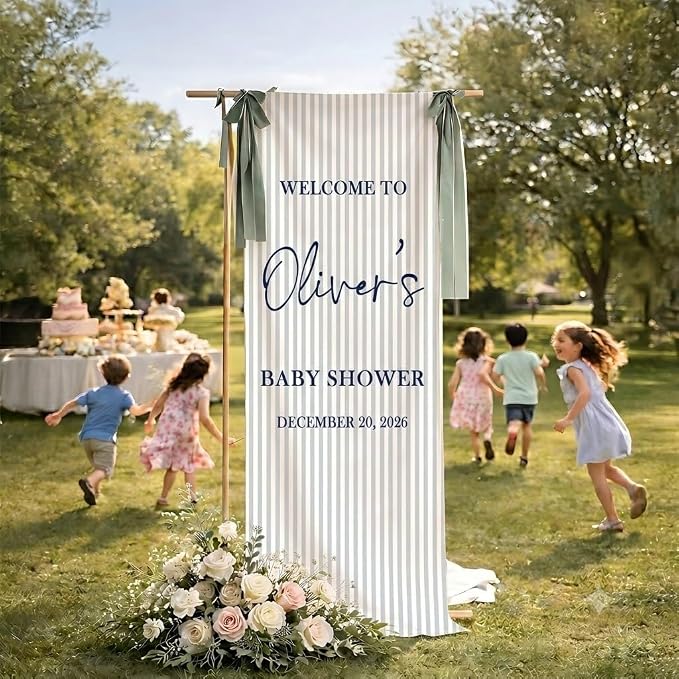 Custom Blue Striped Baby Shower Fabric Sign Hello Baby Linen Backdrop | - Image 3