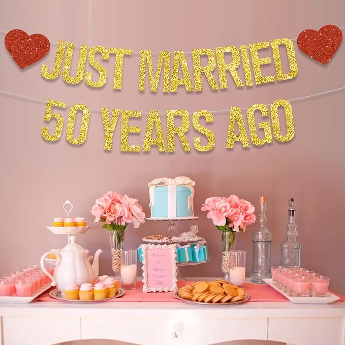 Gold Glitter Just Married 50 Years Ago Banner, NO DIY, Pre-Strung 50th Wedding - Image 6