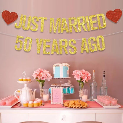 Gold Glitter Just Married 50 Years Ago Banner, NO DIY, Pre-Strung 50th Wedding - Image 6