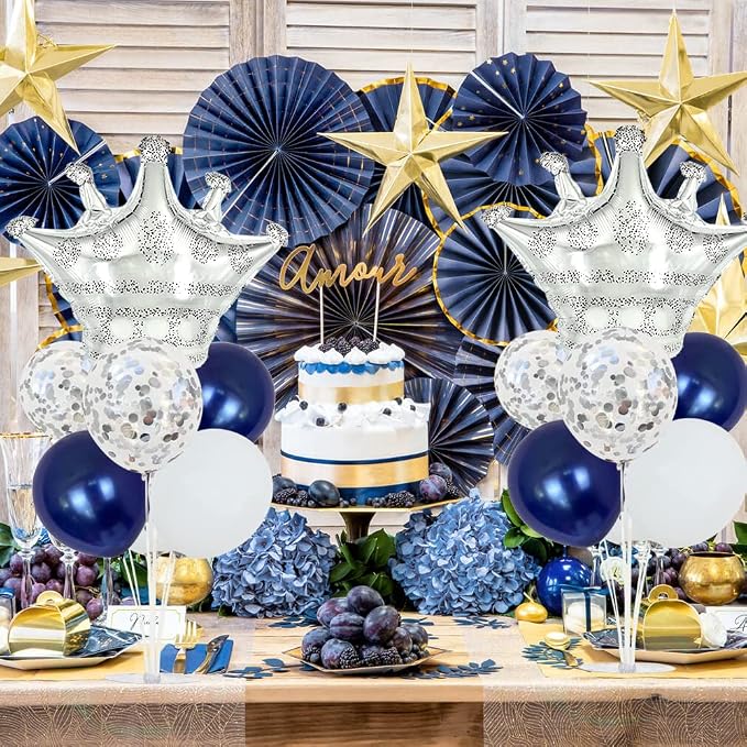 Navy Blue Balloon Stand Kit, Includes 2 Silver Crown Balloons - Image 5