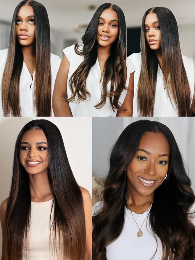 Julia Hair Chestnut Brown Ombre Yaki Straight 7x5 Pre Cut HD Lace Put On and Go Wig Bye Bye Knots Glueless Human Hair Wigs with Invisi Drawstring Pre Plucked Bleached Knots Beginner Friendly 22 Inch