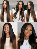 Julia Hair Chestnut Brown Ombre Yaki Straight 7x5 Pre Cut HD Lace Put On and Go Wig Bye Bye Knots Glueless Human Hair Wigs with Invisi Drawstring Pre Plucked Bleached Knots Beginner Friendly 22 Inch